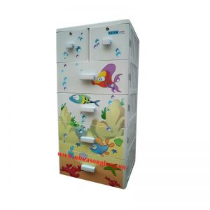 Tủ nhựa Song Long Pucca 5 tầng 6 ngăn kéo - trắng sữa, hình cá